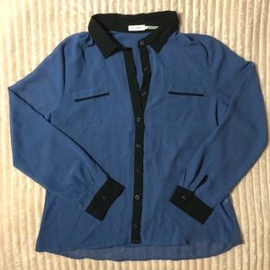 Blu Pepper Sheer Blue Button-Up, with Black Collar and Detailing, Size Large